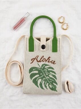 Cream Knit Mini Tote Bag with Green Leaf and Green Rubber Handles